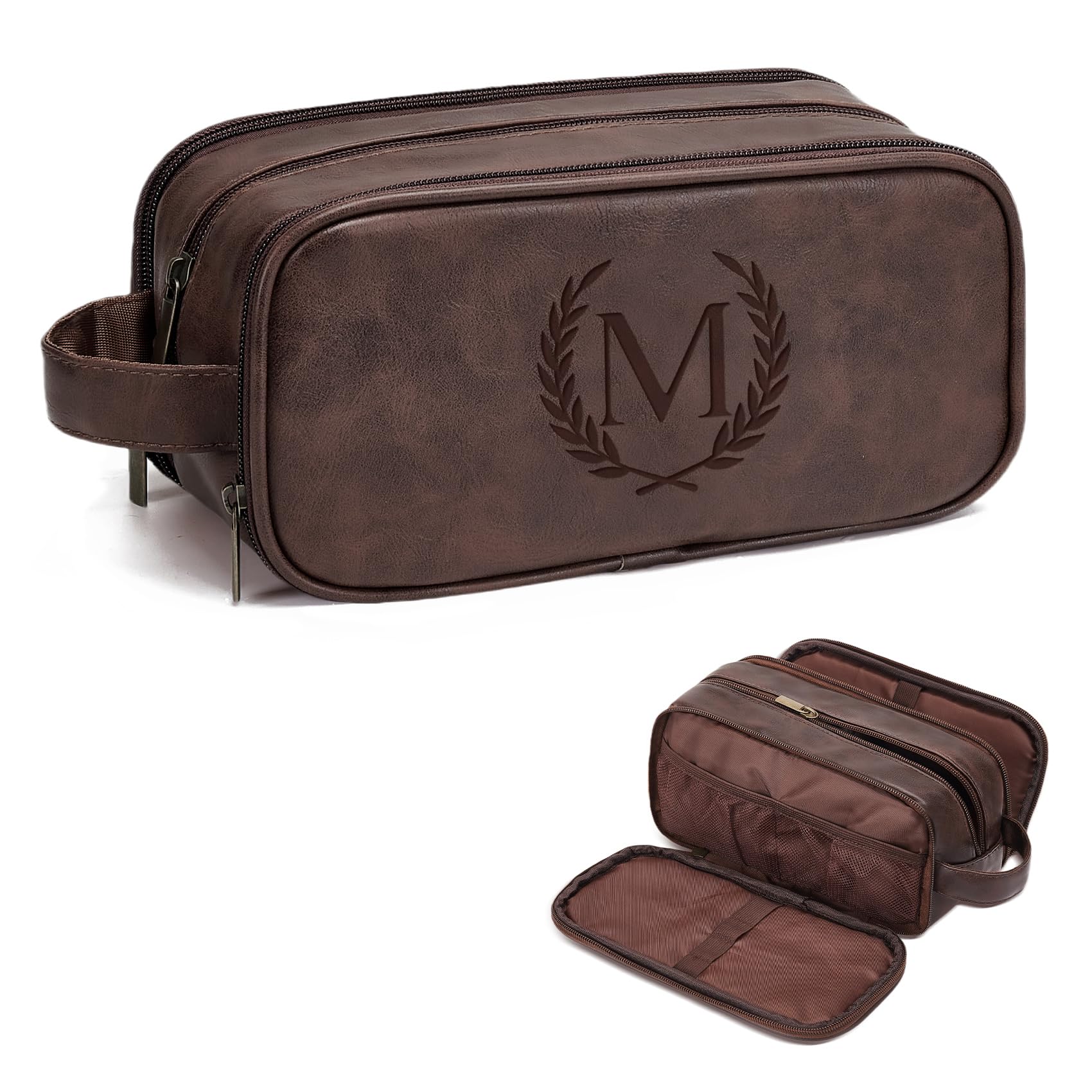 Travel Toiletry Bag For Mens PU Leather Engraved Initials (Dark Brown M)