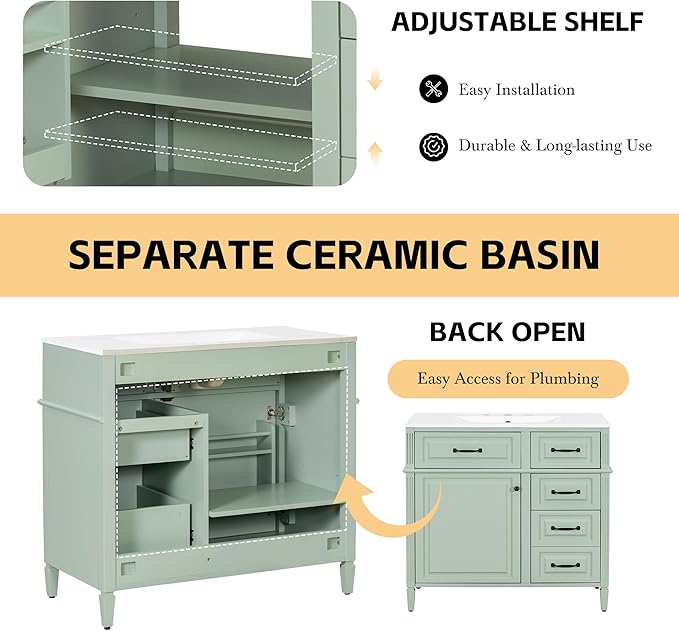 Harper & Bright Designs 36" Bathroom Vanity with Sink, Free Standing Vanity Set with 4 Drawers, Storage Racks, and Adjustable Shelf, Wood Bathroom Cabinet with Ceramic Basin for Bathroom, Green