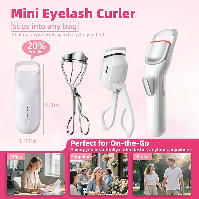 Heated Eyelash Curler, 10s Fast Heating Portable Electric Lash Curler, Type-C Rechargeable Travel Eye Lash Curlers with Anti-Scalding Silicone Pad, 2 Temp Modes & 24H Long Lasting Curves (White)