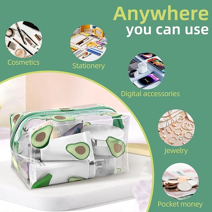 CarryEpic Clear Makeup Bag, Small Clear Toiletry Bag for Travel, Cosmetic Makeup Organizer Bags with Zipper, Plastic PVC Pouch Transparent Zip for Purse Reusable TSA Approved Quart Size (Avocado)
