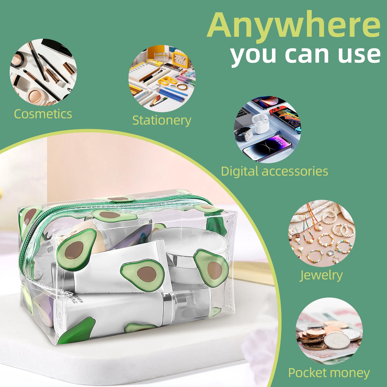 CarryEpic Clear Makeup Bag, Small Clear Toiletry Bag for Travel, Cosmetic Makeup Organizer Bags with Zipper, Plastic PVC Pouch Transparent Zip for Purse Reusable TSA Approved Quart Size (Avocado)