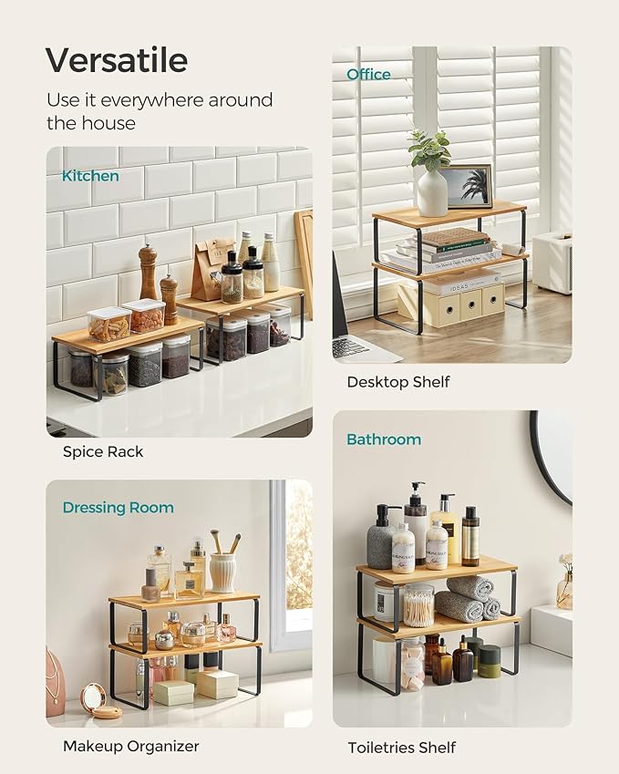SONGMICS Cabinet Organizer Shelf, Set of 2 Kitchen Counter Shelves, Kitchen Storage, Spice Rack, Stackable, Expandable, Metal and Engineered Wood, 15.6 Inches, Ink Black and Natural Beige UKCS200B01