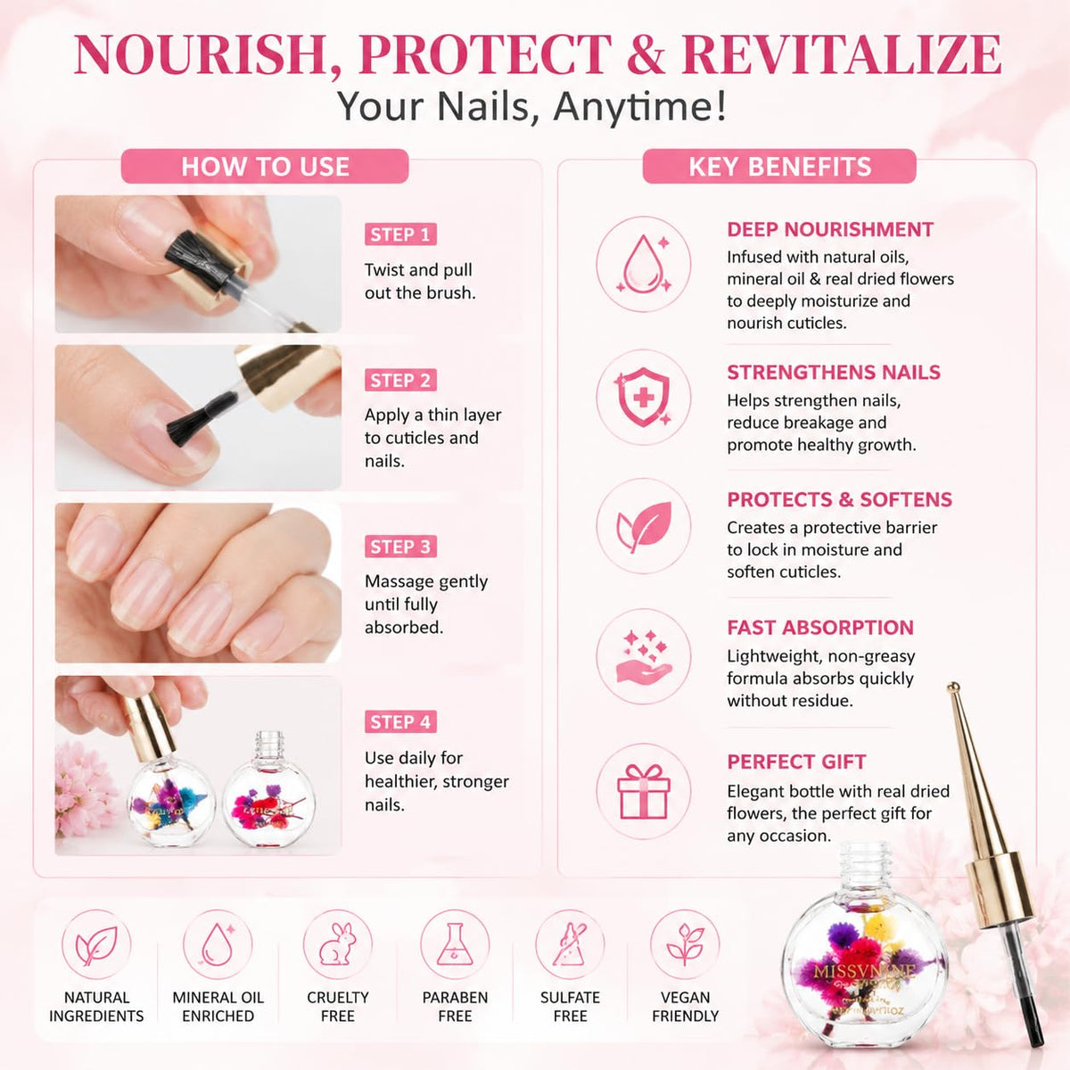 MISSVNINE Cuticle Oil Set for Nails, 6 Floral Nail Oils, 14 mL Each