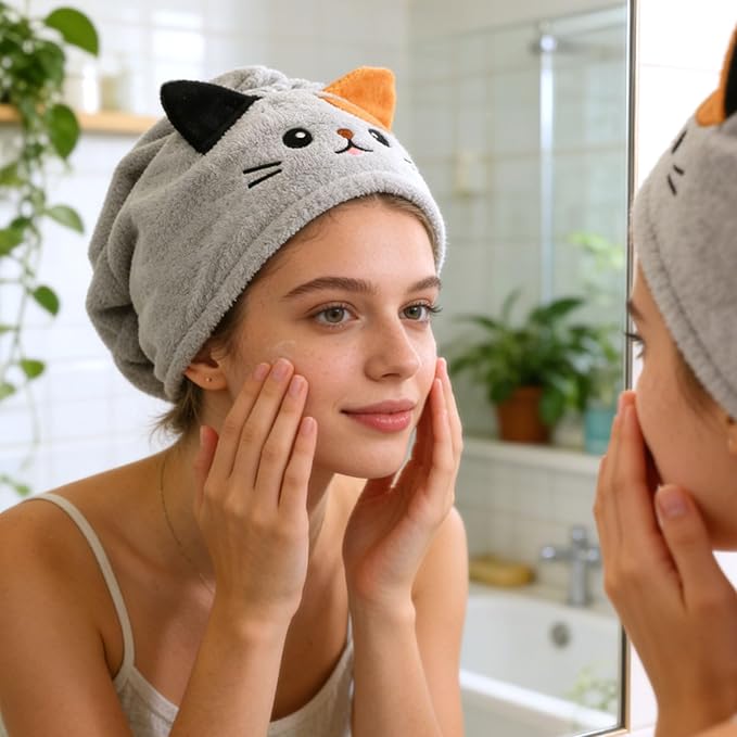 2Pack Microfiber Hair Towel Wrap for Kids, Cute Cat Absorbent Hair Drying Turbans Head Towels for Women Girls (Gray and Light Pink Cat)