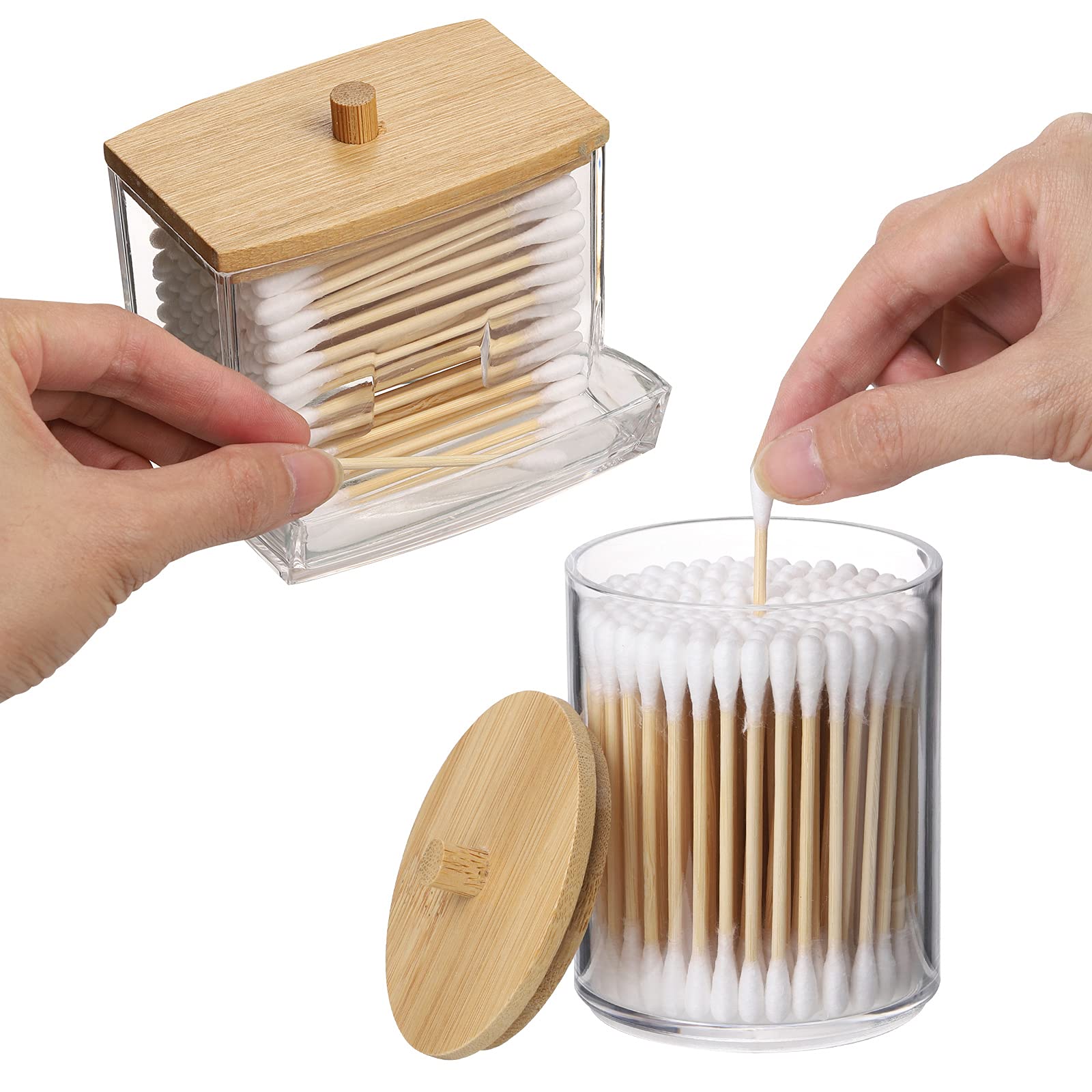 Tbestmax Qtips Holder Bathroom Container, 10/7 OZ Cotton Ball/Swabs Dispenser, Apothecary Jar Organizer for Storage Wood Lids