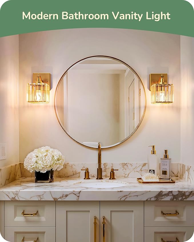 EDISHINE Modern Gold Crystal Wall Sconces Set of 2, Bathroom Vanity Lights