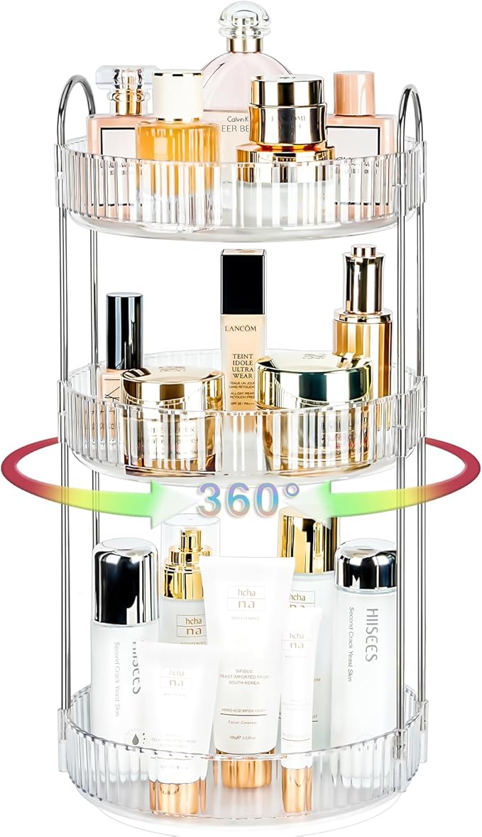 Niluks 360 Rotating Makeup Organizer, 3 Tier Large Capacity Lazy Susan Bathroom Counter Organizer, Skincare Organizers, Spinning Perfume Organizer & Vanity Organizer Countertop (Silver Clear, 3 Tier)