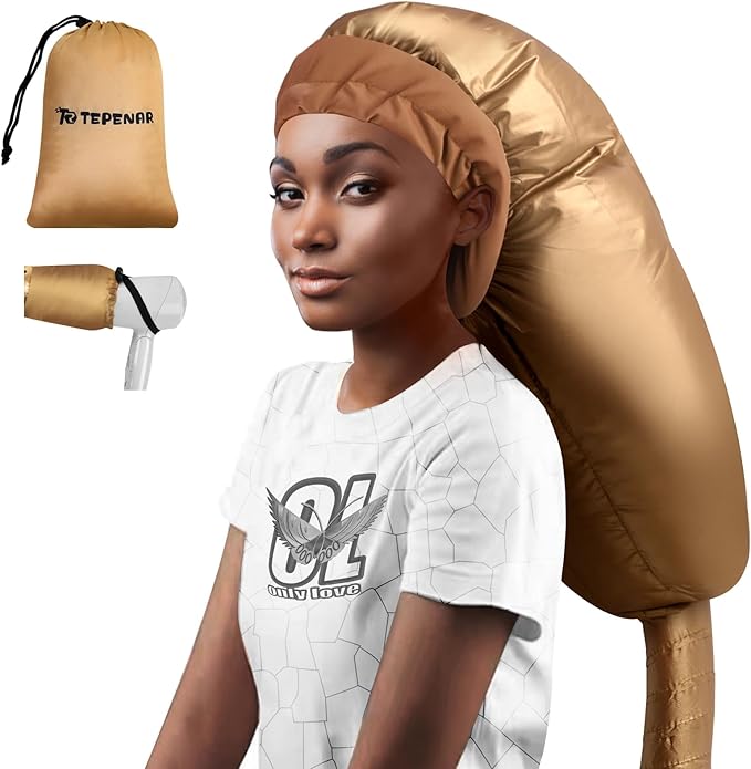 TEPENAR Hair Dryer Bonnet Attachment: Upgraded Extra Large Hooded Dryer Adjustable Hair Dryer Caps - Easy to Use for Natural Curly Textured Hair Care Styling Fast Drying - Gold