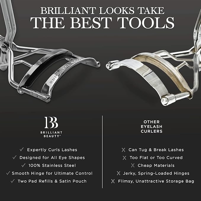 Brilliant Beauty Eyelash Curler with Satin Bag and Refill Pads - Award Winning - No Pinching, Just Dramatically Curled Eyelashes and Lash Line in Seconds - Get Gorgeous Eye Lashes Now (Platinum)
