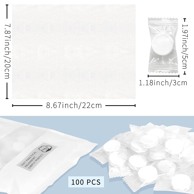 Classycoo Compressed Towel 100 PCS Mini Tablets Disposable Portable Face Towel Cotton Coin Tissue for Travel, Camping, Hiking, Sport, Beauty Salon, Home Hand Wipes and Other Outdoor Activities (White)