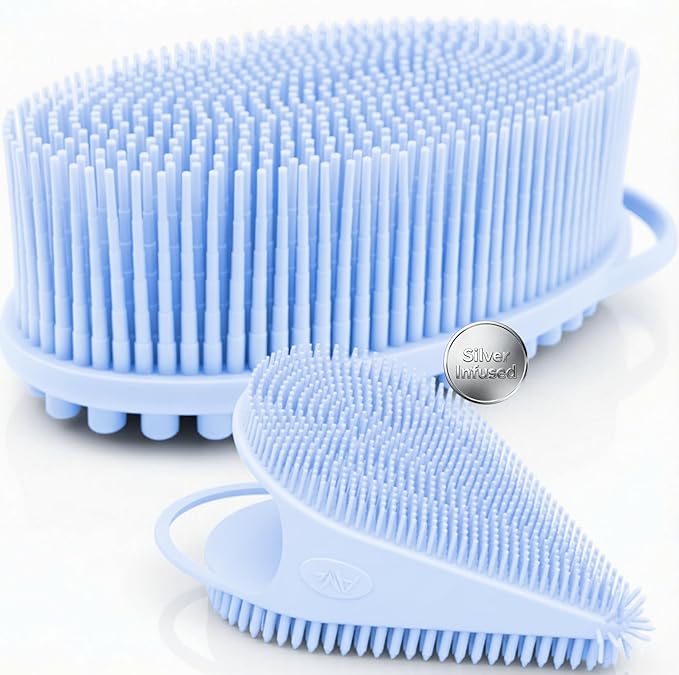 Avilana Silicone Body Scrubber for Shower – SGS Certified Food Grade Dual Sided Bath Brush, Gentle Exfoliating Silicone Loofah Alternative, Sensitive Skin Body Brush (Blue-Silver, Body & Face)