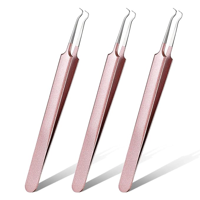 Honoson 3 Pcs Blackhead Tweezer Stainless Steel Pimple Tweezers Tool for Remove Zit Whitehead Pimple Bend Curved Extractor Tweezer Skin Blackhead Remover Tools(Champagne Purple)
