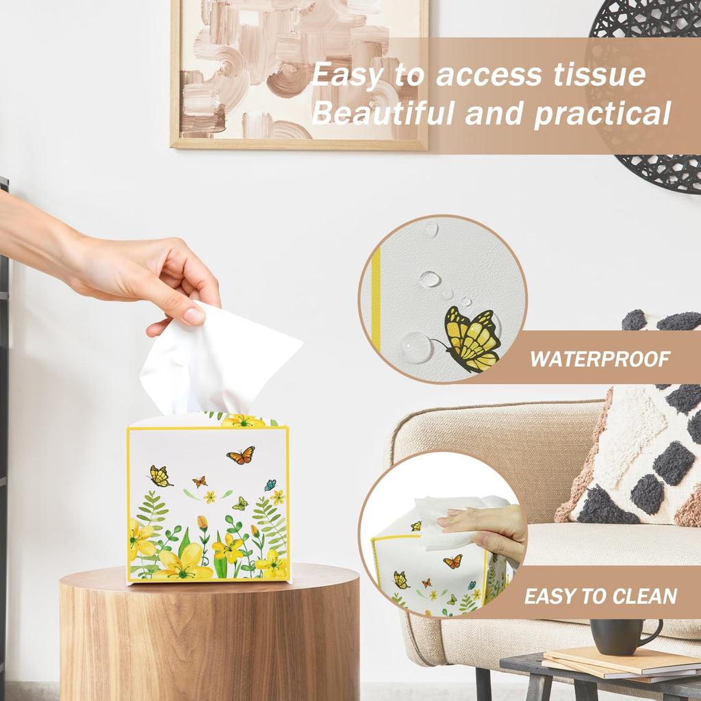 Yellow Floral Butterfly Tissue Box Cover Square with Bottom Belt, Leather Waterproof Tissue Holder Facial Paper Case for Tabletop Home Office Bathroom Car Decor -06