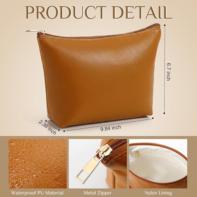 Kigeli PU Leather Makeup Bag for Women Gift Cosmetic Pouch for Purse Waterproof with PU Leather Travel Toiletry Organizer with Zipper for Women Bridesmaid Friend Gift(Brown)