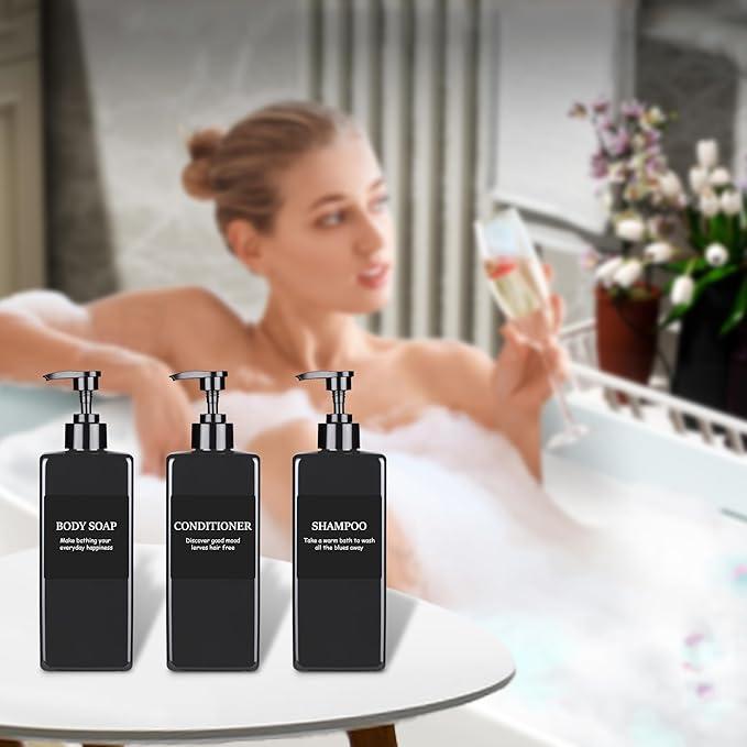 Refillable Shampoo and Conditioner Dispenser Plastic Shampoo Pump Bottles Set for Bathroom with Waterproof Labels