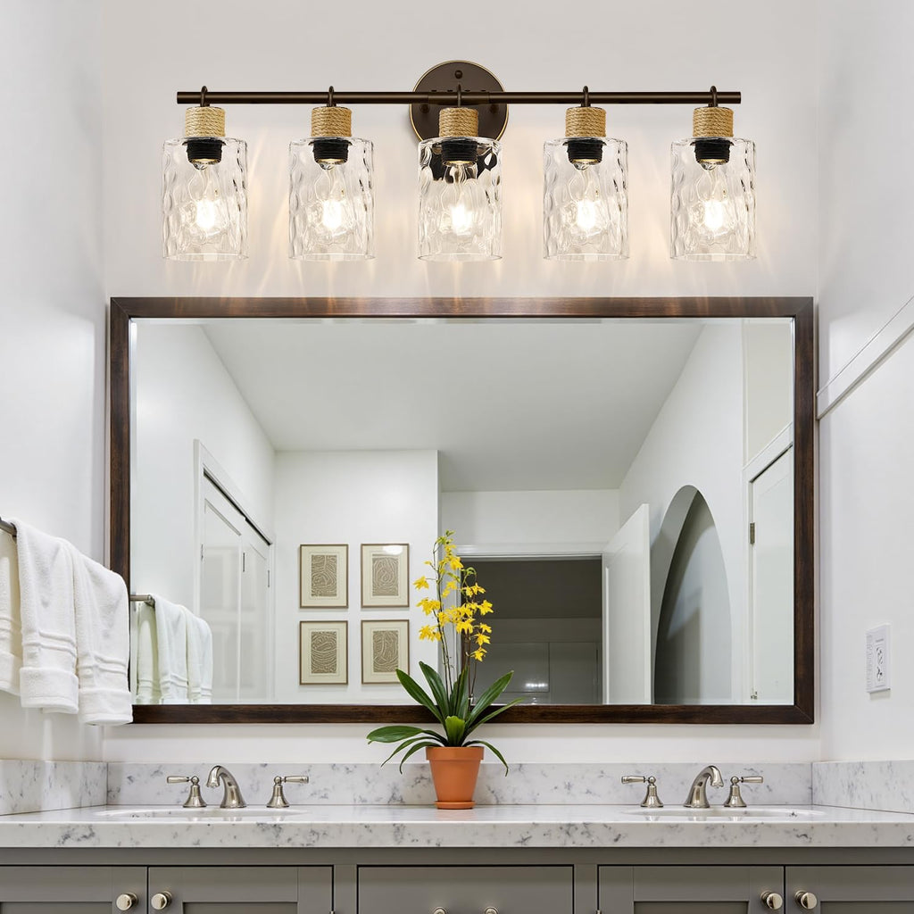 MOKATNG Bathroom Light Fixtures, 5-Light Coastal Vanity Lights with Crystal Glass Shade, Oil-Rubbed Bronze Bathroom Wall Lamp for Mirror Kitchen Hallway Cabinet