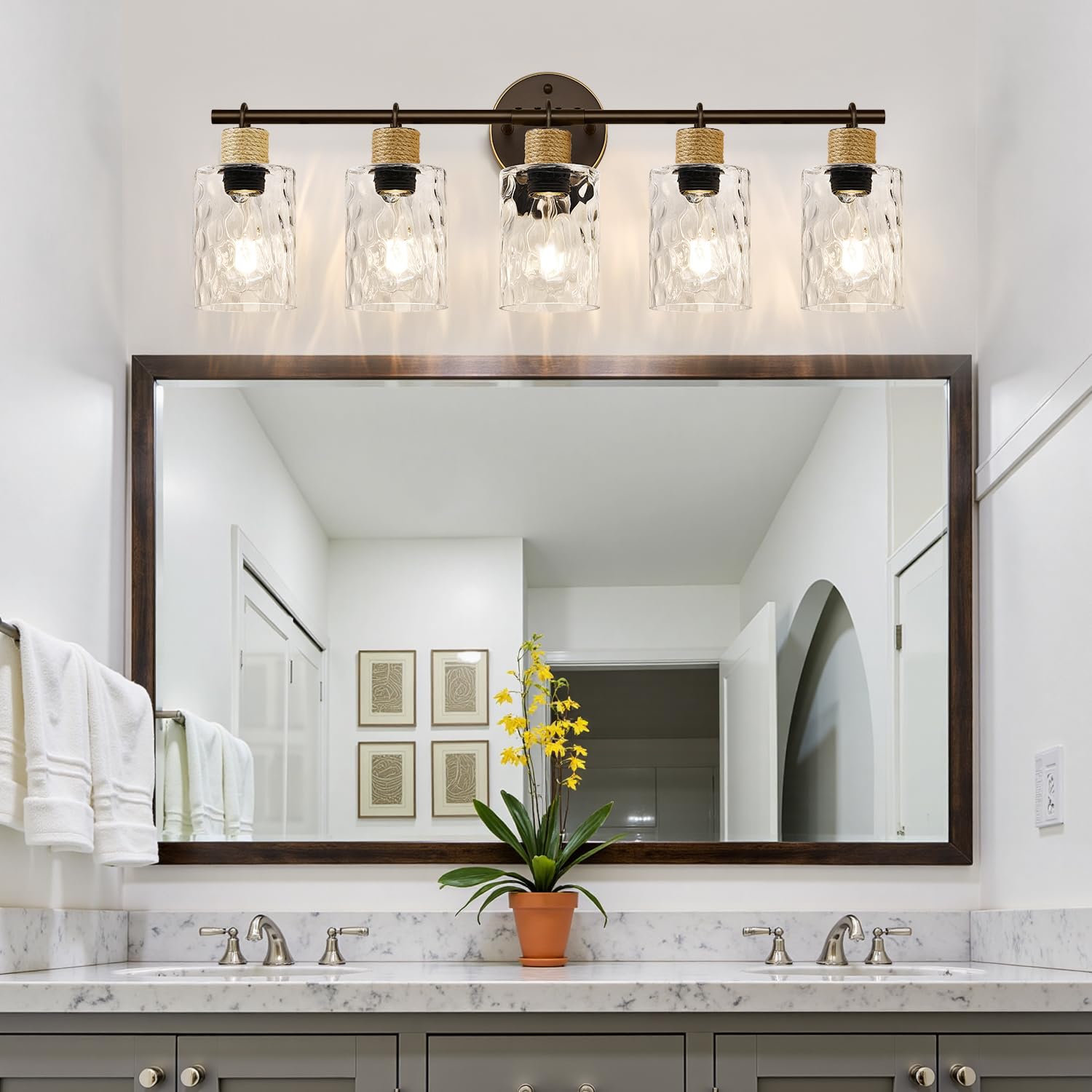 MOKATNG Bathroom Light Fixtures, 5-Light Coastal Vanity Lights with Crystal Glass Shade, Oil-Rubbed Bronze Bathroom Wall Lamp for Mirror Kitchen Hallway Cabinet