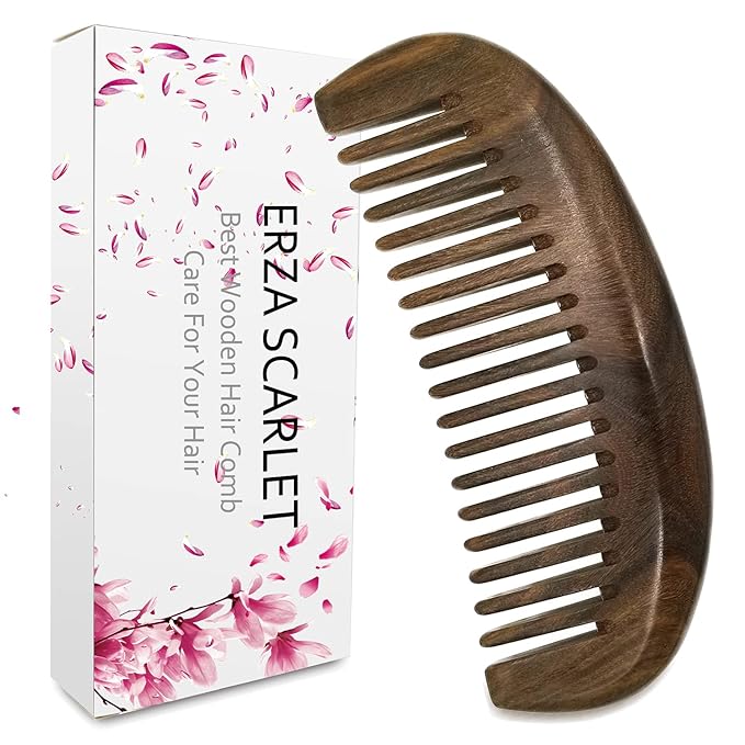 Real Natural Green Sandalwood Wooden Wide Tooth Comb for Curly Hair/Beard Pick Comb - NO SNAGS,NO STATIC,NO TANGLE (Wide tooth comb)
