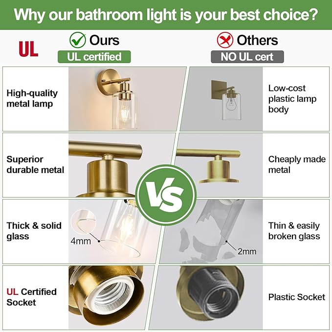 Zarbitta Set of 2 Wall Sconces for Bathroom, Brushed Gold Modern Vanity Lights with Clear Glass Shade,Bathroom Wall Lamp for Mirror Kitchen Living Room Hallway Cabinet Porch