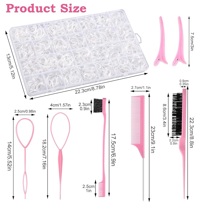 BESARME Clear Rubber Bands for Hair Elastics with 8 Styling Tools, 1500 Pcs Baby Toddler Small Hairs Ties for Girls Hairs Accessories for Women