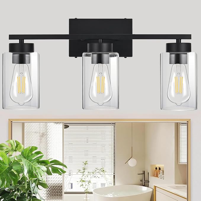 A1A9 3-Light Bathroom Vanity Light, Modern Black Wall Lights with Clear Glass Shades, Bathroom Wall Sconce Lamp for Mirror Living Room Bedroom Hallway