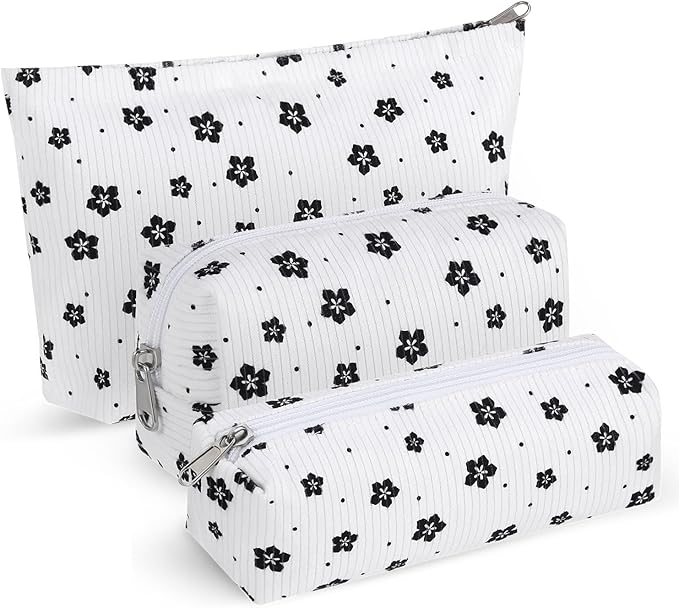 Huhumy 3 Pcs Makeup Bag Set for Women Corduroy Cosmetic Pouch Aesthetic Smile Travel Toiletry Bag Cute Purse Pouch Pencil Case Makeup Brushes Storage Organizer with Zipper(White,Floret)