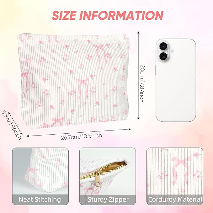 Ksriylm Cute Makeup Pouch for Women Flower Small Make Up Bag for Purse Zipper Initial Cosmetic Bags Pouches for Purse Aesthetic Travel Toiletrybags,Pink Bow Rose Floral
