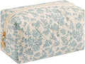 HHQQWZ Cute Square Floral Cotton Makeup Cosmetic Bag for Women Girls, Travel Quilted Zipper Make Up Bag, Square Flowers Organizer Case Kawaii Makeup Cosmetic Travel Cloth Pouch (Blue Floral)