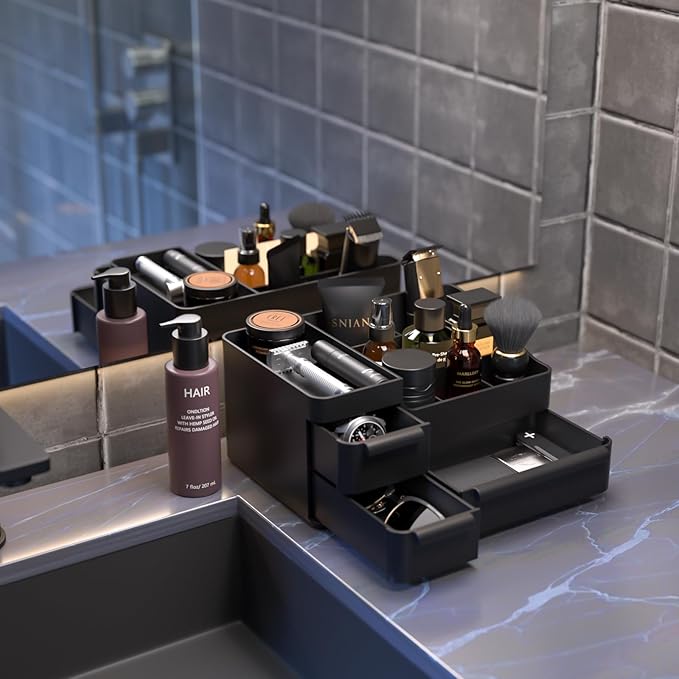 Rasydyn Men's Cologne Organizer with Drawers: Black Men Bathroom Counter Organizer, Dresser Organizer for Shaving Kit, Skincare, Gifts for Men