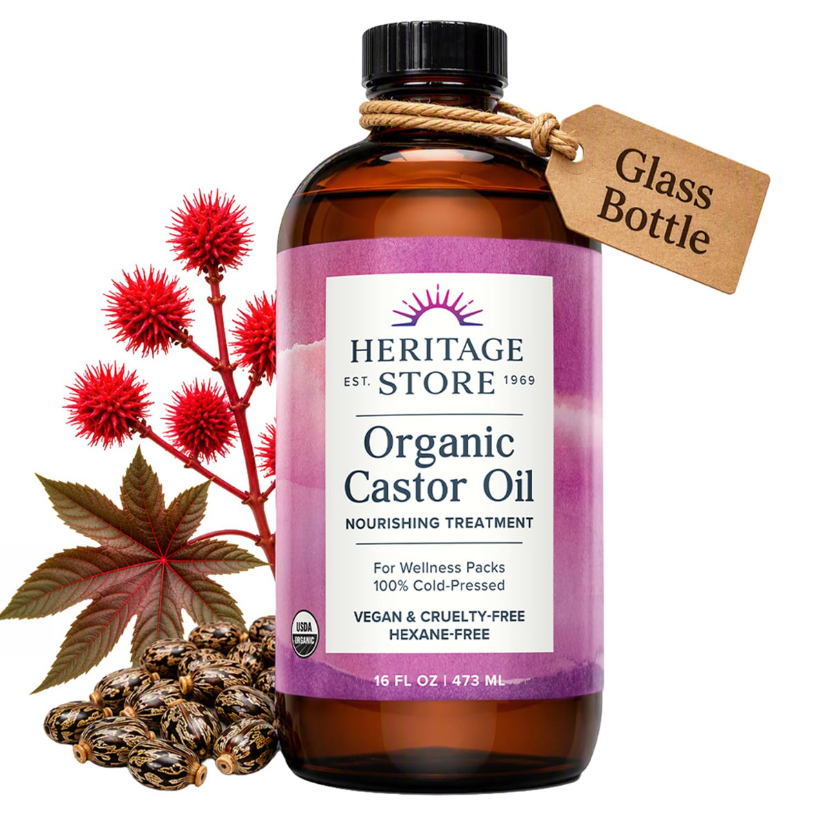 HERITAGE STORE Organic Lavender Castor Oil, Hexane Free, 8 fl oz