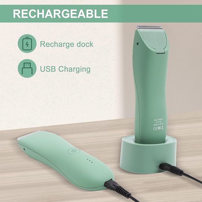 Pubic Hair Trimmer for Men and Women,Electric Shaver for Chest,Legs & Bikini,Waterproof Wet/Dry Shaver,USB Recharge Dock,Ideal Razor Gift for Boy/Girl Friend (Green)