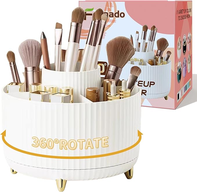 fanado 360° Rotate Makeup Brush Holder Organizer, Makeup Organizers Countertop, Makeup organization and Skincare Storage for Vanity, Desktop, Bathroom (White-1)
