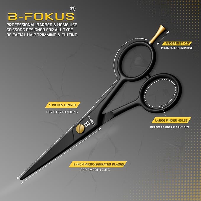 5" Premium Beard Mustache Scissors, Black High Carbon Stainless Steel Beard Scissors with 1 Beard Comb, 1 Mustache Comb, 2 Stickers and Tarvel Pouch. Beard Trimming Scissors for All Facial Hair