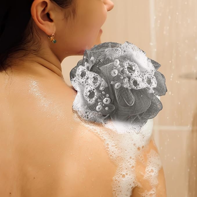 Funnymoom 12 Pcs Travel Size Loofah Individually Wrapped, Small Shower Puff Bath Sponge Pouf Ball Bulk Mesh Bath Puff Mini Loofah Sponge with Case Bulk for Shower Care (25g,Morandi Color)