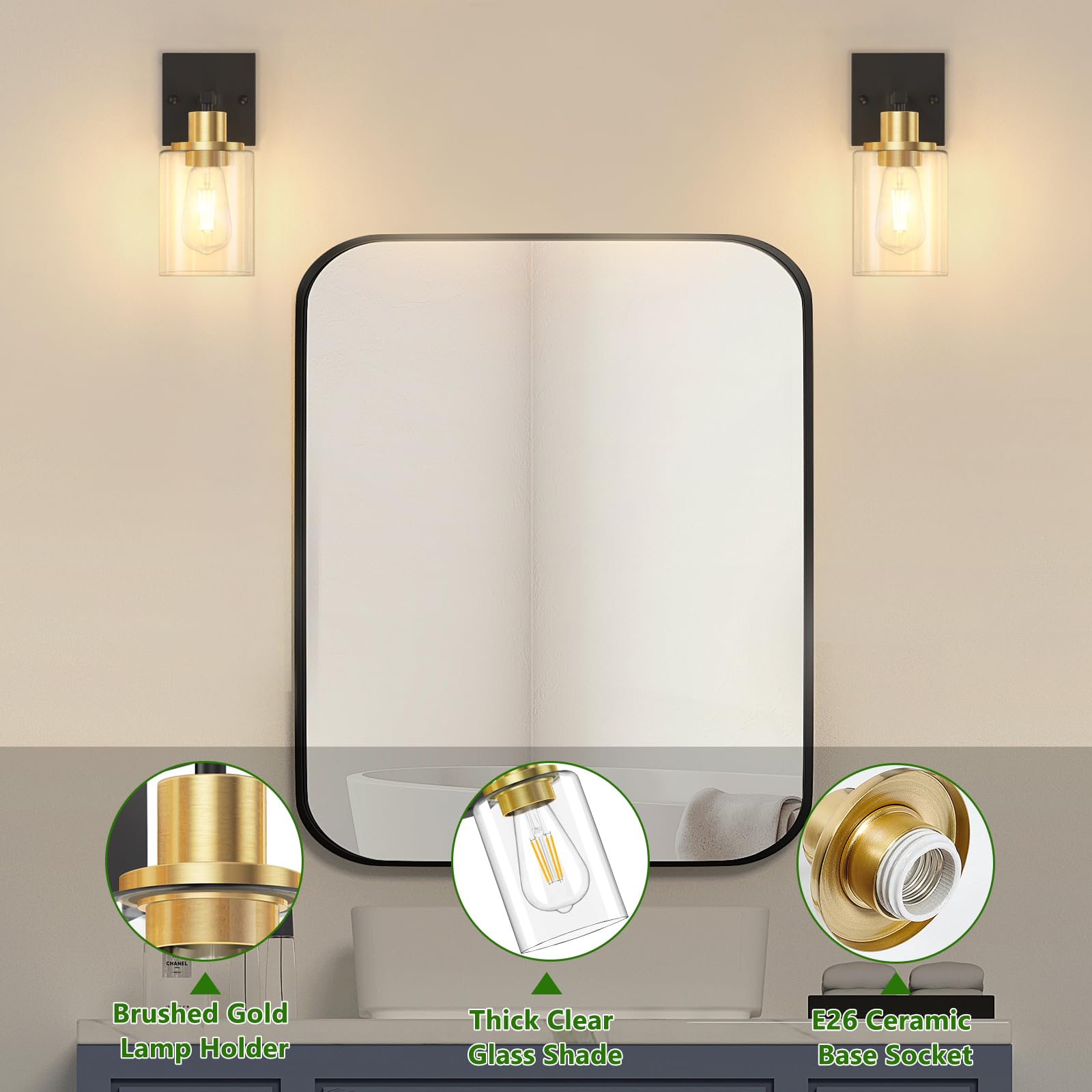 Licperron Black and Gold Wall Sconces Set of 2 with Clear Glass Shade, Matte Black Vanity Light Fixtures, Farmhouse Wall Lights for Bathroom, Bedside, Mirror, Living Room, Hallway