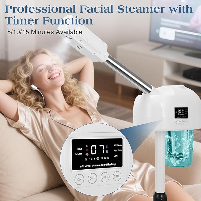 Professional Facial Steamer, Nano Ionic Hot Mist Spray, Stand Facial Steamer for Estheticians, Timer Function, Vaporizador Face Steamer on Wheel, for Home Salon SPA