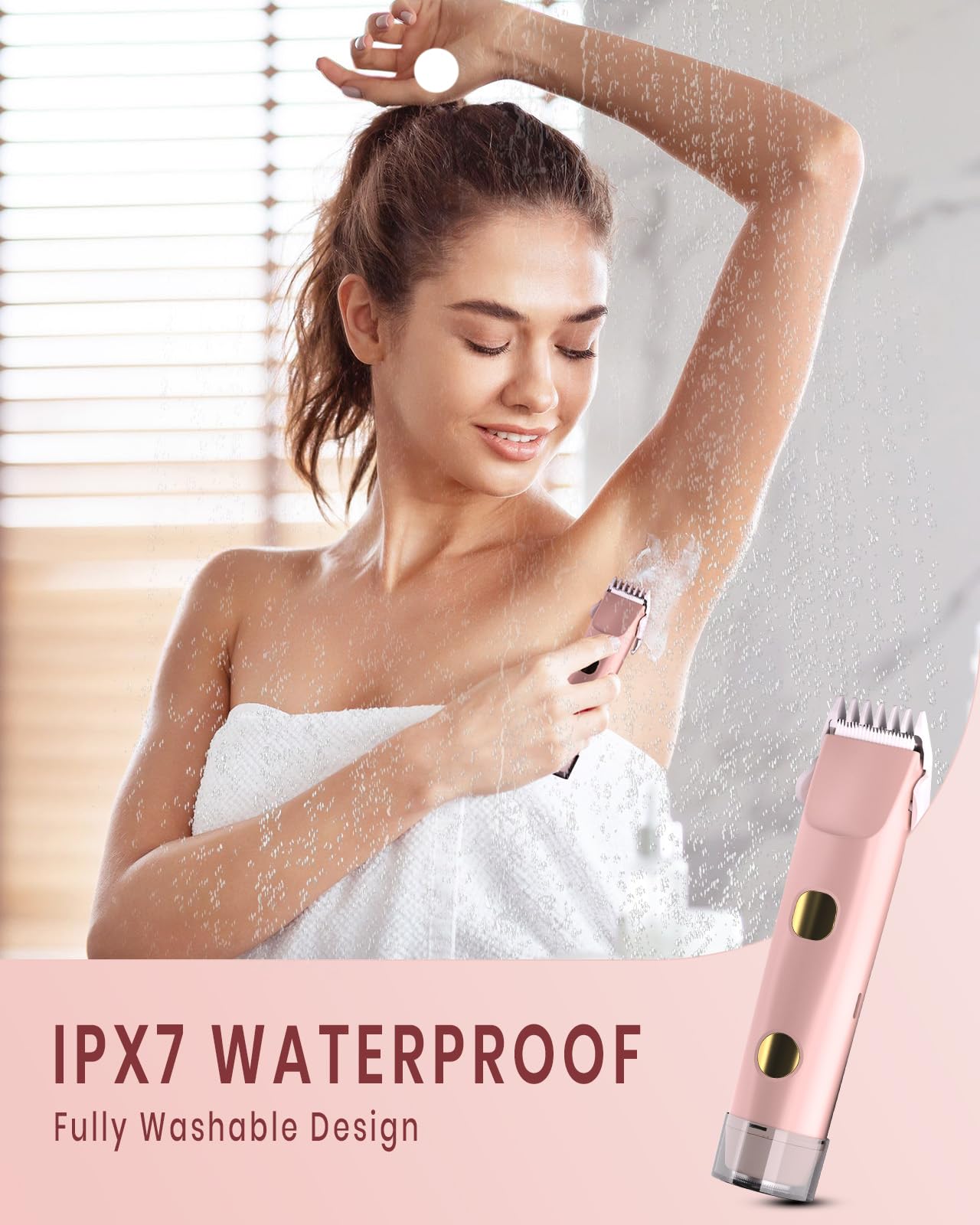 2-in-1 Bikini Trimmer for Women, IPX7 Waterproof Electric Shaver, Body Hair Trimmer & Electric Razor for Face, Lips, Pubic Area, Legs, Pink