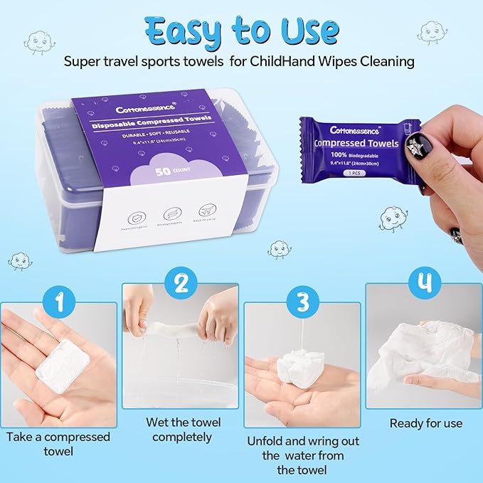 Cottonessence Premium Compressed Towels (50-Pack) - 9.4" x 11.8" Individually Wrapped Coin Tissues, Portable Towels for Travel, Hiking, Gym, Spa, Beauty Salon, Makeup, Baby Care, Outdoor Use