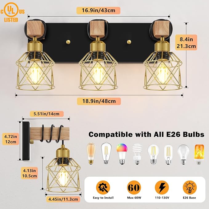 FadimiKoo Black and Gold Vanity Light, 3-Light Farmhouse Vanity Light, Bathroom Light Fixtures Over Mirror, Industrial Indoor Wall Mounted lamp for Bathroom, Living Room, Cabinet, Bedroom