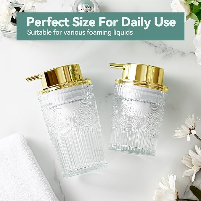 AZMOYAC Glass Foam Soap Dispenser, 8 Oz Face Wash Dispenser for Bathroom, Vintage Glass Clear Foaming Hand Soap Dispenser, Small Refillable Lotion Dish Dispenser for Kitchen (Golden-7 OZ)