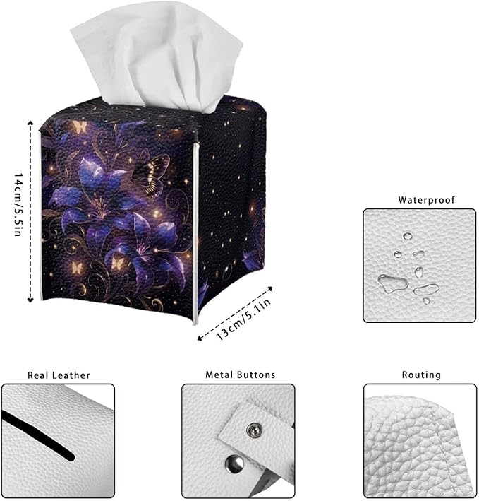 Purple Flower Tissue Box Holder Stylish Leather Square Tissue Box Cover with Top Handle Waterproof Napkin Case Holder Home Office Bathroom Decor