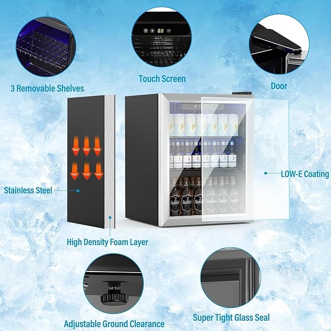 Stopsad Compact Beverage Refrigerator, 1.7Cu.Ft/70 Can Mini Fridge with Glass Door and Digital Display, Small Drink Fridge with Adjustable Shelves for Soda, Beer, or Wine, Compact Fridge for Bedroom