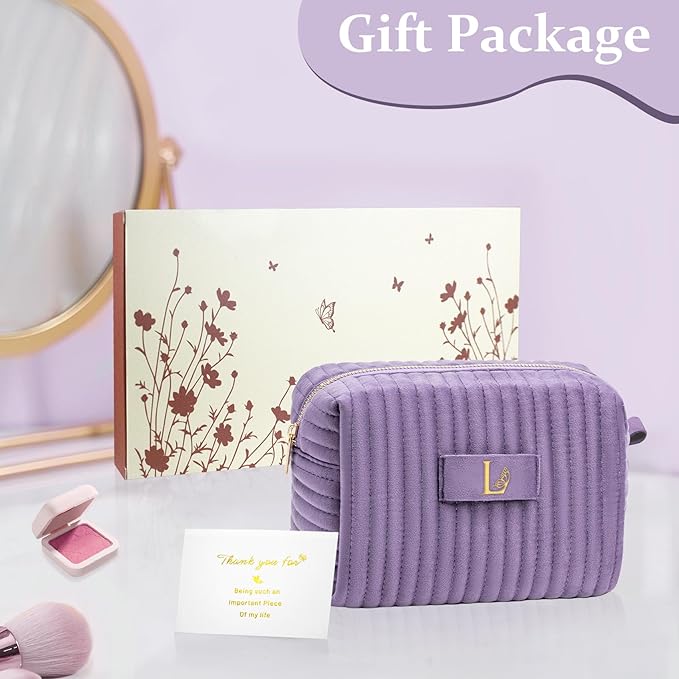 COSHAYSOO Purple Bridesmaid Proposal Gifts Personalized Bridesmaids Initial Makeup Bag, Funny Trendy Bachelorette Party Favor Gift Bridal Shower Bride to be Maid of Honor Basket Box Stuffer Letter L