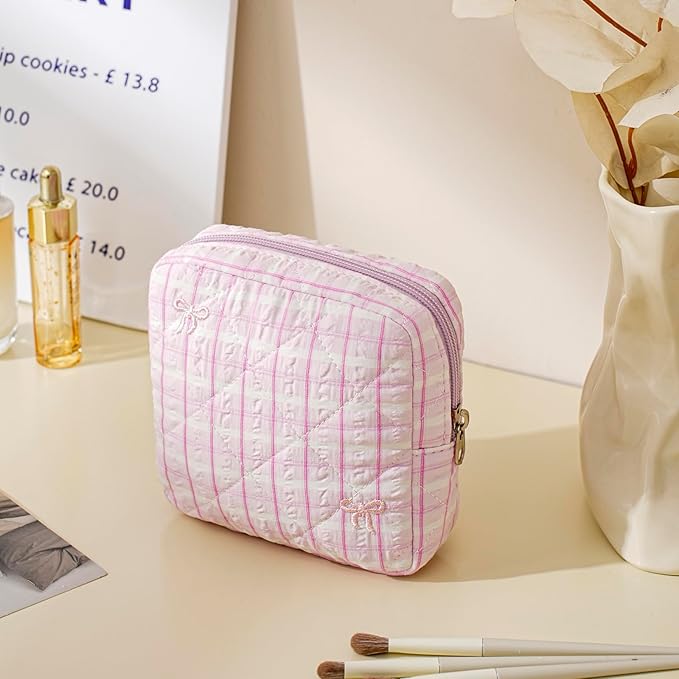 RSRSLEII Small Quilted Striped Cosmetic Pouch for Purse, Mini Cotton Makeup Bag with Compartments, Cute Zipper Lipstick Holder for Women (23 Pink Stripes)
