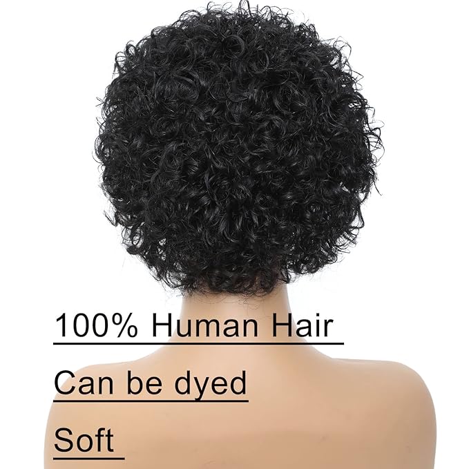 Headband Wig Human Hair Wigs for Black Women Pixie Cut Wig Put on and Go Glueless Wig Short Curly Headband Wigs 150% Density Natural Black 6 Inch