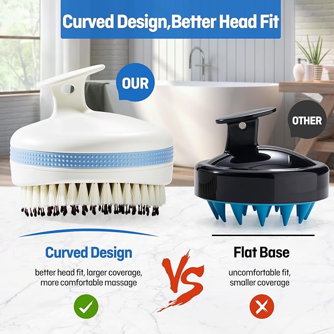 Scalp Massager with Double-Layer Bristles,Anti-Slip Rich-Lathering Hair Washing Shampoo Brush,Curved Scalp Scrubber with Better Head Fit for Dandruff Removal,Wet&Dry Use Scalp Stimulator.
