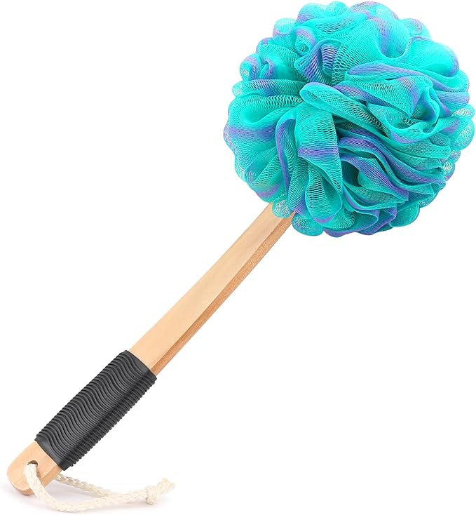 FORENEE Green and Purple Loofah on a Stick, PE Mesh Back Scrubber