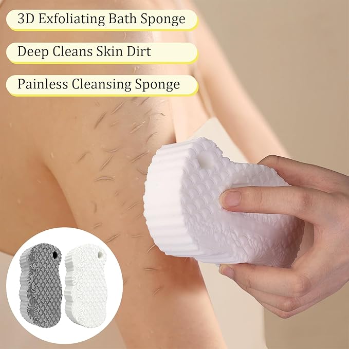 2Pcs Magic Exfoliating Bath Sponge, 3D Ultra Soft Deep Cleansing Body Sponge with Lanyard, Gently and Painlessly Removes Dead Skin & Impurities, Skin Friendly Reusable Sponges (White + Gray)