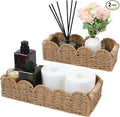Paper Rope Storage Basket Set of 2 with Wooden Handles - Scalloped Toilet Paper Organizer, Cute & Functional Home Decor for Bathroom or Living Room (Beige)