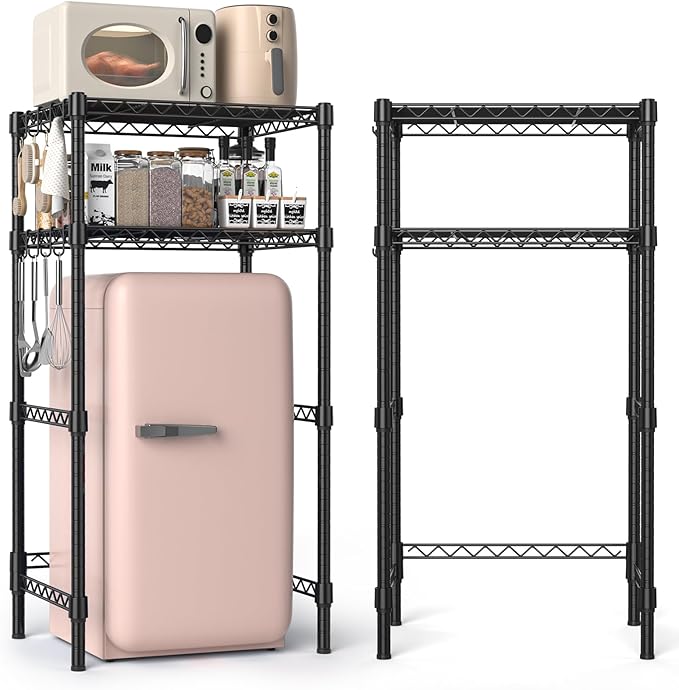 Mini Fridge Stand with Adjustable Shelf, 2 Tier Storage Rack Organizer for Refrigerator & Microwave, Storage Shelves and Space Saver for Dorm Room, Office, Kitchen, Apartment, Garage, Black